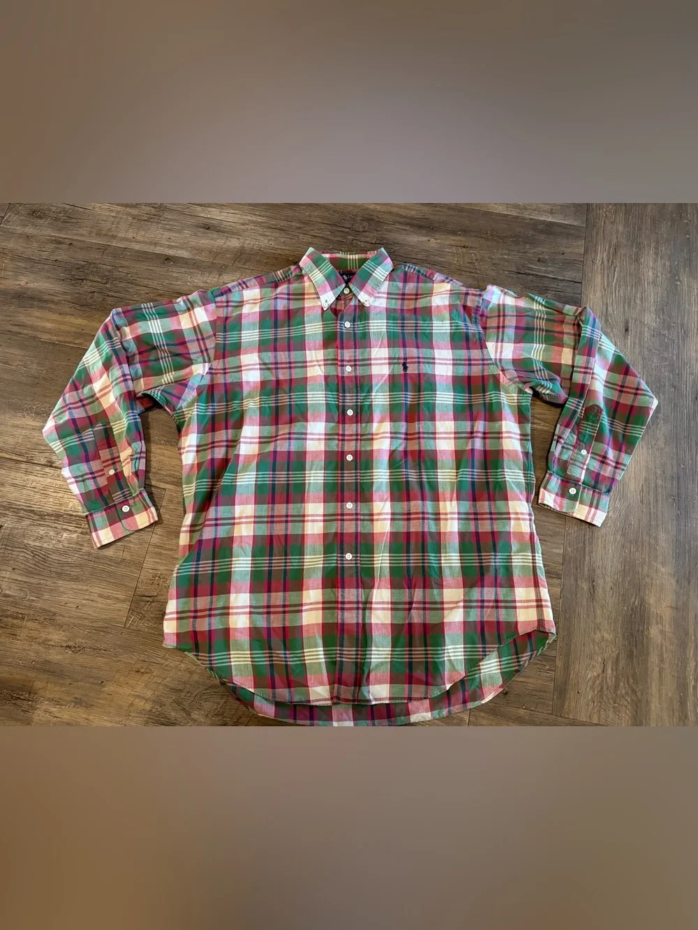 Polo Ralph Lauren Classic Red Green Plaid Button Down Blue Pony Sz Lg
